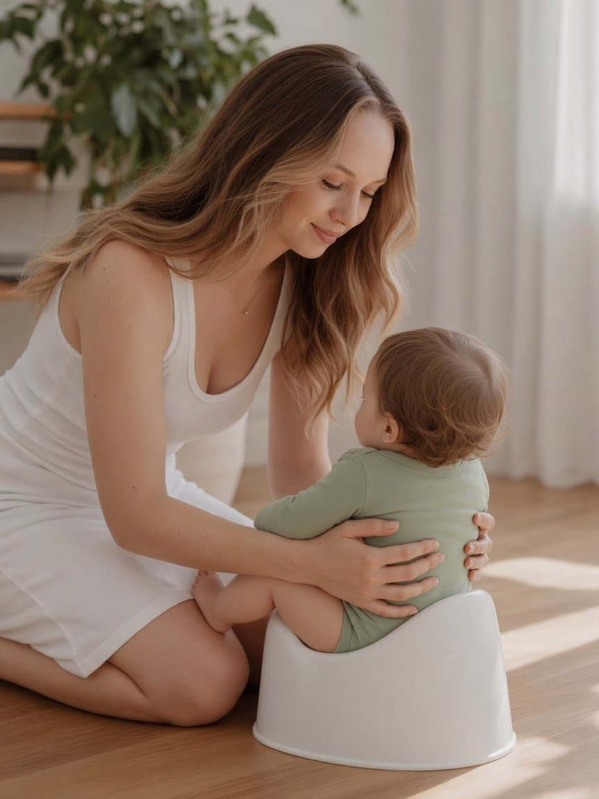 Lara gently holds a baby over a potty – child's face not visible