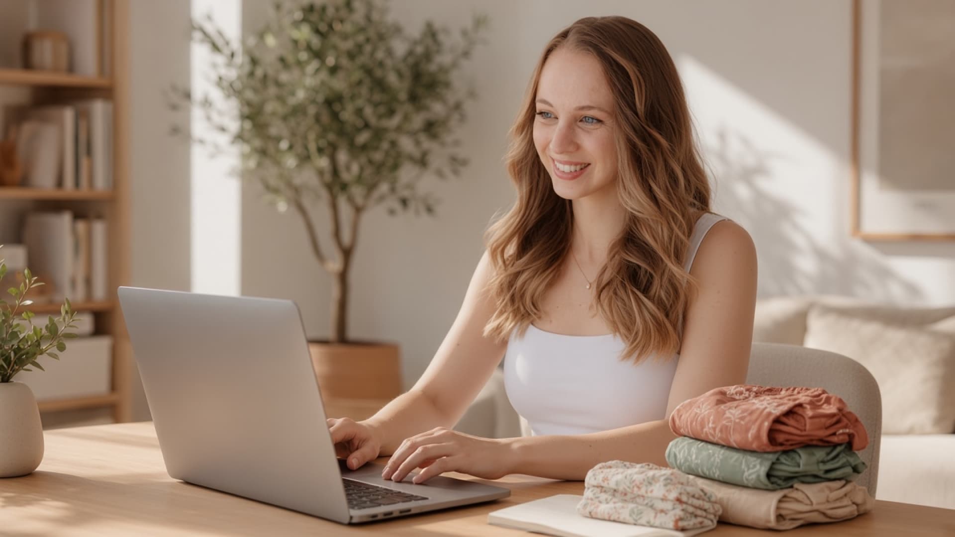 Online consulting on a laptop with cloth diapers on the desk
