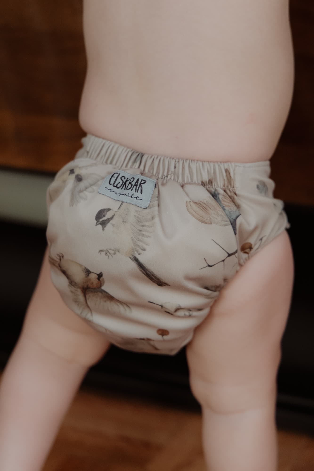 Cloth diaper with bird print, standing from behind